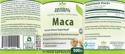 Photo of the Herbal Secrets Maca 500 mg label
