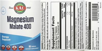 Photo of the KAL Magnesium Malate 400 label