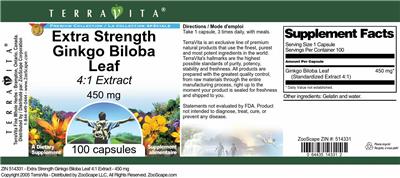 Photo of the TerraVita Premium Collection Extra Strength Ginkgo biloba Leaf 450 mg 4:1 Extract label