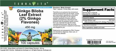 Photo of the TerraVita Premium Collection Ginkgo biloba Leaf Extract (2% Ginkgo Flavones) 450 mg label