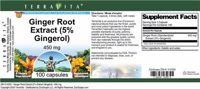 Photo of the TerraVita Premium Collection Ginger Root Extract (5% Gingerol) 450 mg label