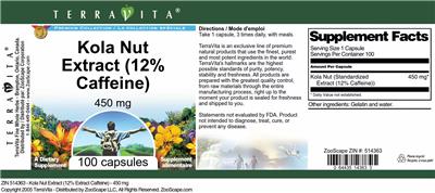Photo of the TerraVita Premium Collection Kola Nut Extract (12% Caffeine) 450 mg label