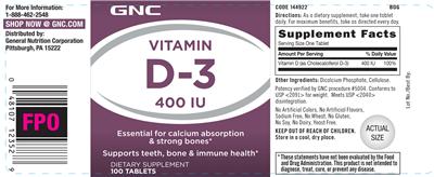 Photo of the GNC Vitamin D-3 400 IU label