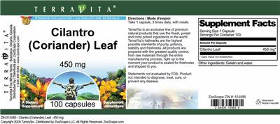 Photo of the TerraVita Premium Collection Cilantro (Coriander) Leaf 450 mg label