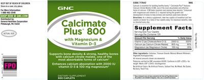 Photo of the GNC Calcimate Plus 800 with Magnesium & Vitamin D-3 label