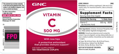 Photo of the GNC Vitamin C 500 mg label