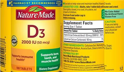 Photo of the Nature Made D3 2000 IU (50 mcg) label