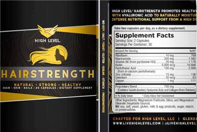 Photo of the High Level Hairstrength label