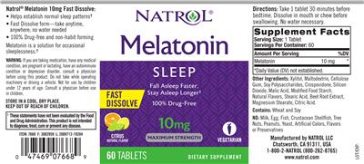 Photo of the Natrol Melatonin 10 mg Fast Dissolve Citrus label