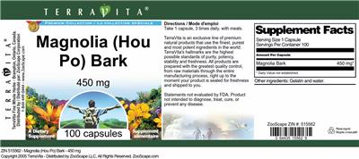 Photo of the TerraVita Premium Collection Magnolia (Hou Po) Bark 450 mg label
