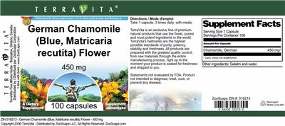 Photo of the TerraVita Premium Collection German Chamomile (Blue, Matricaria recutita) Flower 450 mg label
