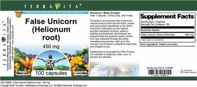 Photo of the TerraVita Premium Collection False Unicorn (Helionum Root) 450 mg label
