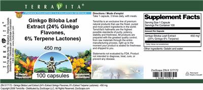 Photo of the TerraVita Premium Collection Ginkgo biloba Leaf Extract (24% Ginkgo Flavones, 6% Terpene Lactones) 450 mg label
