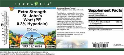 Photo of the TerraVita Premium Collection Extra Strength St. John's Wort (PE 0.3% Hypericin) 250 mg label