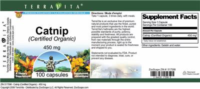 Photo of the TerraVita Premium Collection Catnip (Certified Organic) 450 mg label
