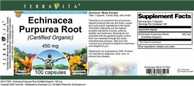 Photo of the TerraVita Premium Collection Echinacea Purpurea Root (Certified Organic) 450 mg label