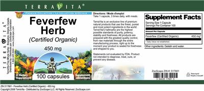 Photo of the TerraVita Premium Collection Feverfew Herb (Certified Organic) 450 mg label