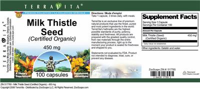 Photo of the TerraVita Premium Collection Milk Thistle Seed (Certified Organic) 450 mg label