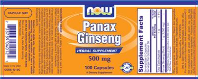 Photo of the NOW Panax Ginseng 500 mg label