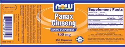 Photo of the NOW Panax Ginseng 500 mg label