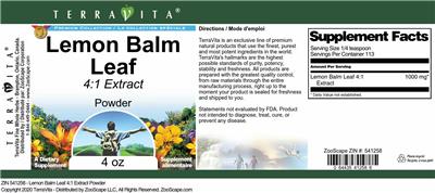 Photo of the TerraVita Premium Collection Lemon Balm Leaf 4:1 Extract Powder label