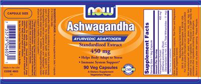 Photo of the NOW Ashwagandha Standardized Extract 450 mg label