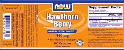 Photo of the NOW Hawthorn Berry 540 mg label