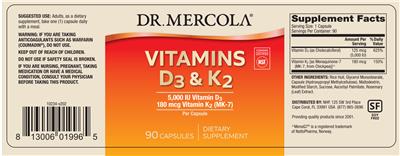 Photo of the Dr. Mercola Vitamins D3 5,000 IU & K2 180 mcg label