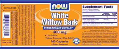 Photo of the NOW White Willow Bark 400 mg label