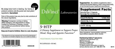 Photo of the DaVinci Laboratories 5-HTP 50 mg label
