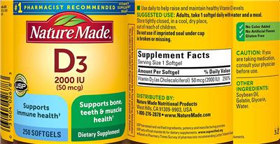 Photo of the Nature Made D3 2000 IU (50 mcg) label