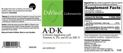 Photo of the DaVinci Laboratories A-D-K label