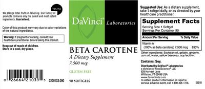 Photo of the DaVinci Laboratories Beta Carotene 7,500 mcg label