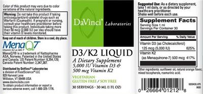 Photo of the DaVinci Laboratories D3/K2 Liquid Spray label