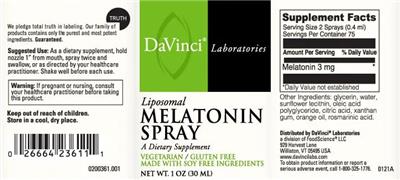 Photo of the DaVinci Laboratories Liposomal Melatonin Spray label