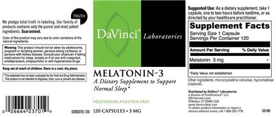 Photo of the DaVinci Laboratories Melatonin-3 3 mg label