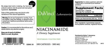 Photo of the DaVinci Laboratories Niacinamide 500 mg label