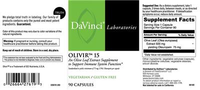 Photo of the DaVinci Laboratories Olivir 15 label