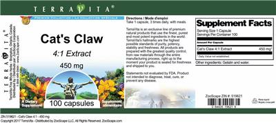 Photo of the TerraVita Premium Collection Cat's Claw 450 mg 4:1 Extract label
