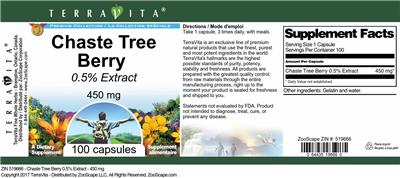 Photo of the TerraVita Premium Collection Chaste Tree Berry 450 mg 0.5% Extract label
