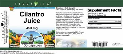 Photo of the TerraVita Premium Collection Cilantro Juice 450 mg label