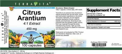Photo of the TerraVita Premium Collection Citrus Arantium 450 mg 4:1 Extract label