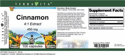 Photo of the TerraVita Premium Collection Cinnamon 450 mg 4:1 Extract label