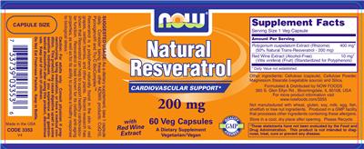 Photo of the NOW Natural Resveratrol 200 mg label