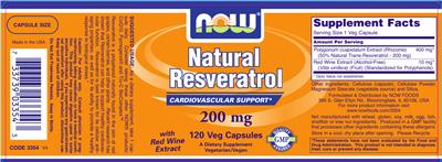 Photo of the NOW Natural Resveratrol 200 mg label