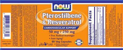 Photo of the NOW Pterostilbene & Resveratrol 50 mg / 250 mg label