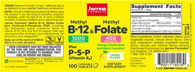Photo of the Jarrow Formulas Methyl B-12 1000 mcg & Methyl Folate 400 mcg plus P-5-P Lemon Flavor label