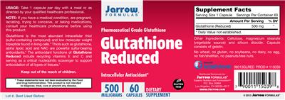 Photo of the Jarrow Formulas Glutathione Reduced 500 mg label
