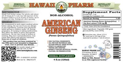 Photo of the Hawaii Pharm American Ginseng Non-Alcohol label