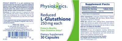Photo of the PhysioLogics Reduced L-Glutathione 250 mg label